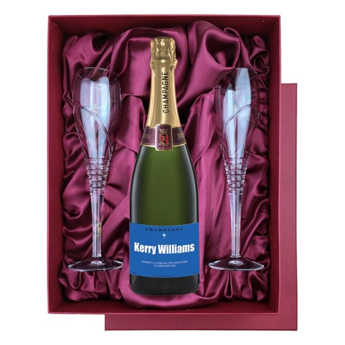 Personalised Champagne - Blue Label in Red Luxury Presentation Set With Flutes